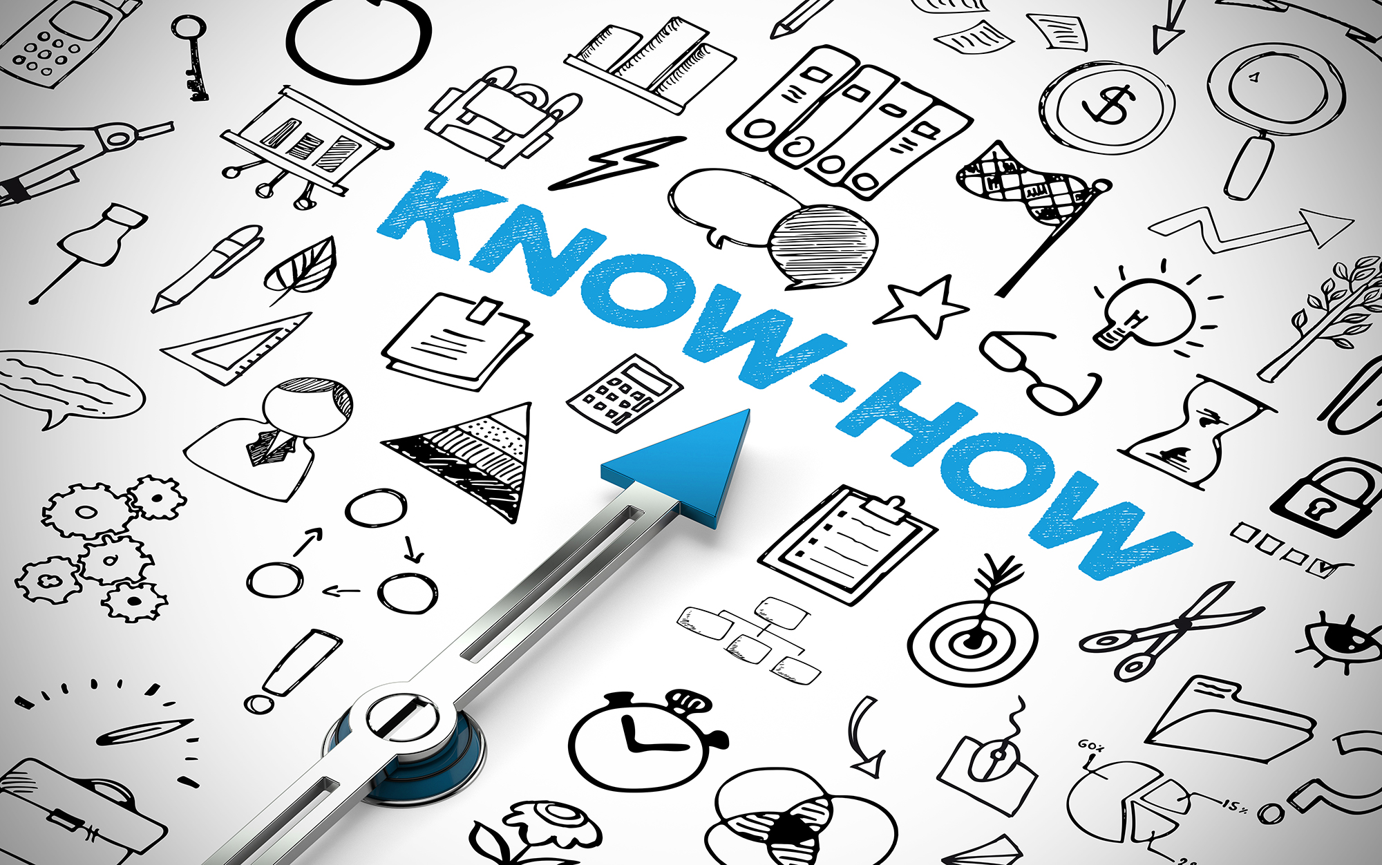 Bleistiftzeichnung verschiedener Symbole. Mittig steht in blauer Schrift das Wort „Know-How“ geschrieben auf das ein Pfeil zeigt.
