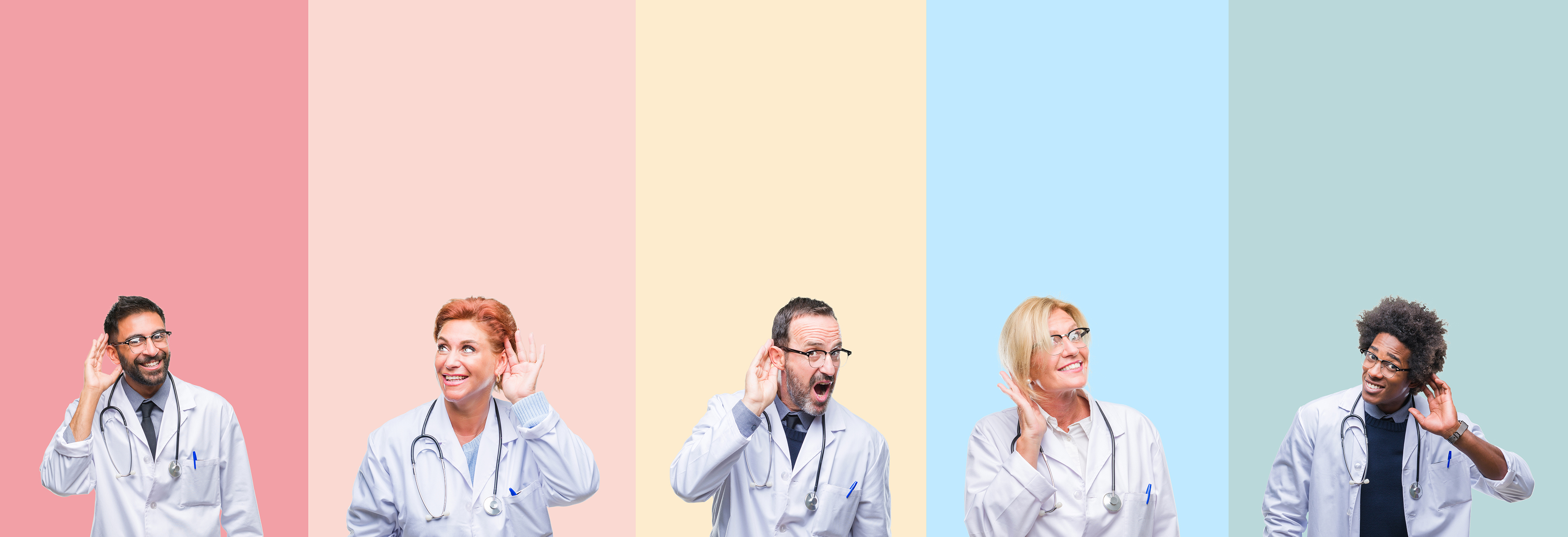 5 Ärzte stehen jeweils vor einem andersfarbigen Hintergrund.